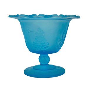 Vintage Indiana Glass Blue Frosted Harvest Grape Lace Edged Compote Dish
